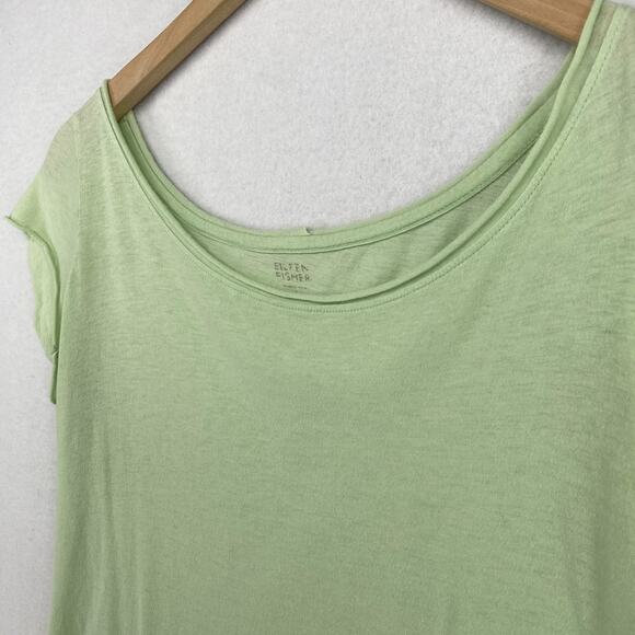 EILEEN FISHER Top M Fine Cotton Jersey Short Sleeve Rolled Hem Scoop Neck Green - Picture 2 of 10